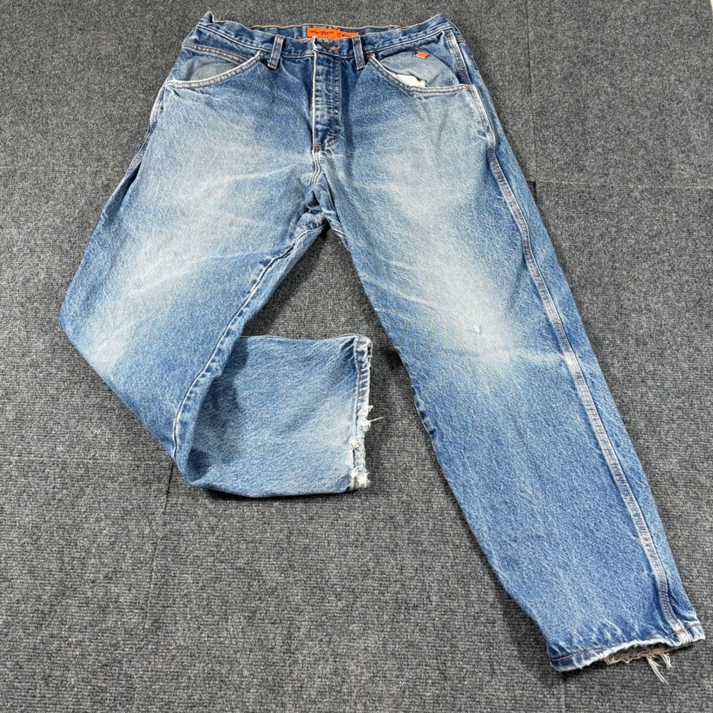 Wrangler FR Riggs Workwear Jeans Mens FITS 34x29 Blue Distressed Flame Resistant
